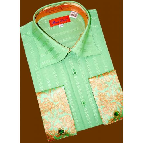 Bruno Conte Lime Green Self Stripes Dress Shirt With Salmon Paisley Design French Cuffs & Free $50 Cufflings